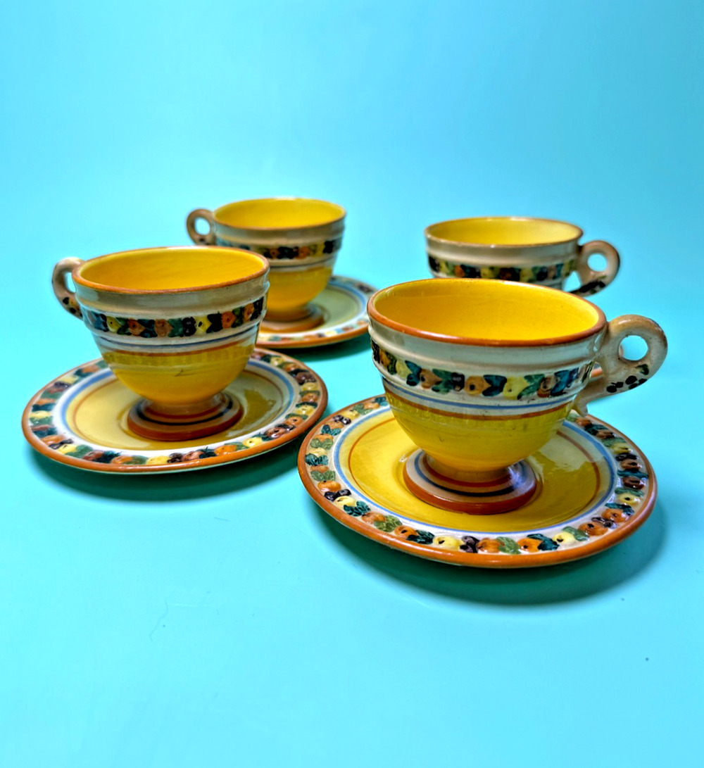 Vtg Italian Majolica Lemon Yellow Espresso Tea Cups Saucers Della Robbia Set 4